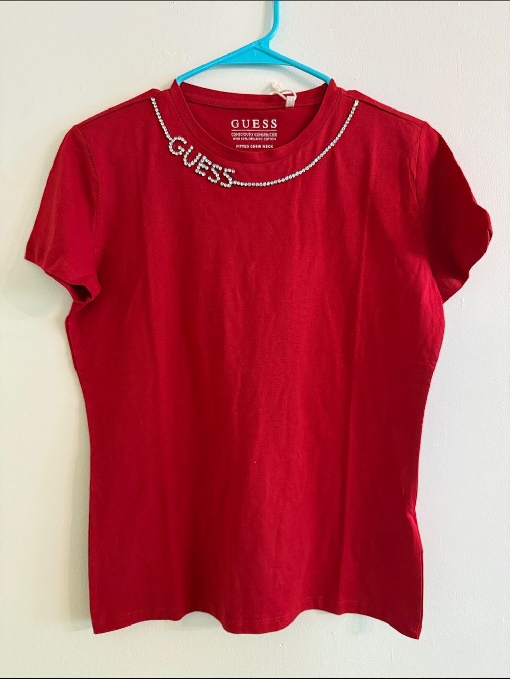 GUESS Red Crystal-Embellished Crewneck Tee Size Medium